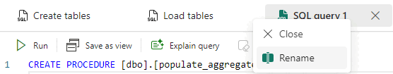 Captura de tela das guias na tela do editor, mostrando onde clicar com o botão direito do mouse na consulta e selecionar Renomear.