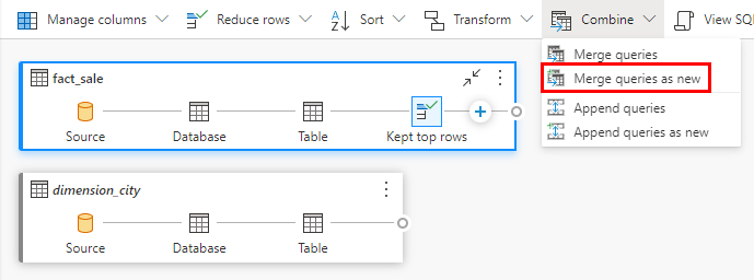 Captura de tela da faixa de opções de transformações com o menu suspenso Combinar aberto, mostrando onde selecionar Mesclar consultas como novas.