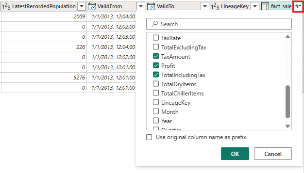 Captura de tela da tabela com Merge selecionado e TaxAmount, Profit e TotalIncludingTax selecionados.