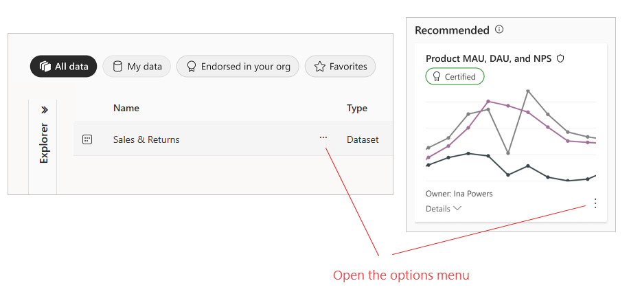 Captura de tela do menu de opções de um item no hub de dados OneLake.