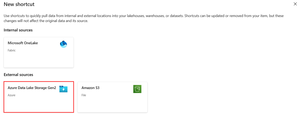 Captura de tela da janela Novo atalho mostrando os dois métodos para criar um atalho. A opção intitulada Azure Data Lake Storage Gen2 é realçada.