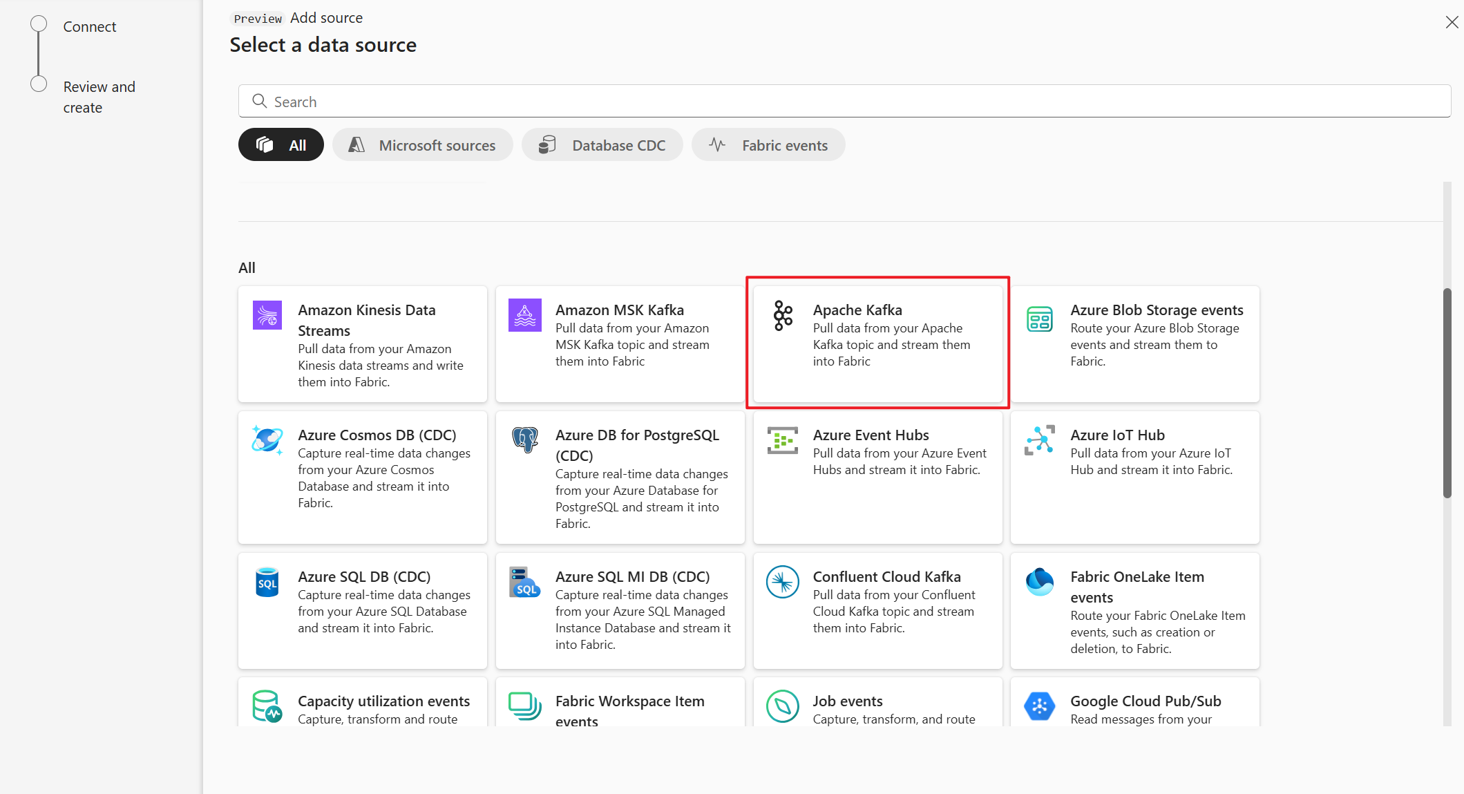 Captura de tela que mostra a seleção do Apache Kafka como o tipo de origem no assistente Obter eventos.