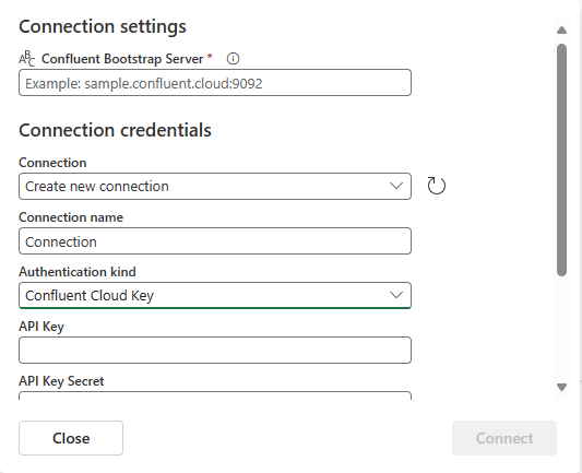 Captura de tela que mostra a primeira página das configurações de conexão Confluent. 