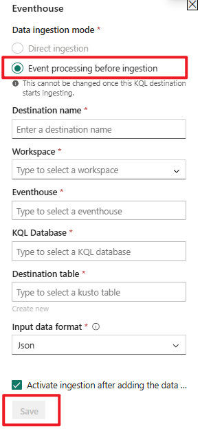 Uma captura de tela da tela de configuração do Banco de Dados KQL para Processamento de eventos antes da ingestão.