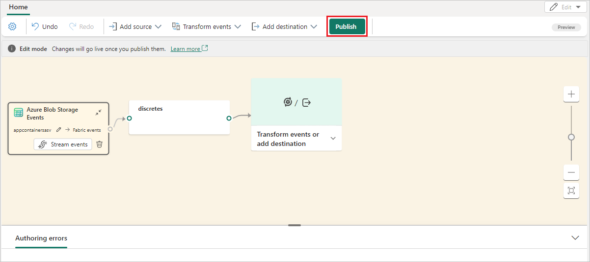 Uma captura de tela da fonte de eventos do Armazenamento de Blobs do Azure adicionada ao fluxo de eventos.