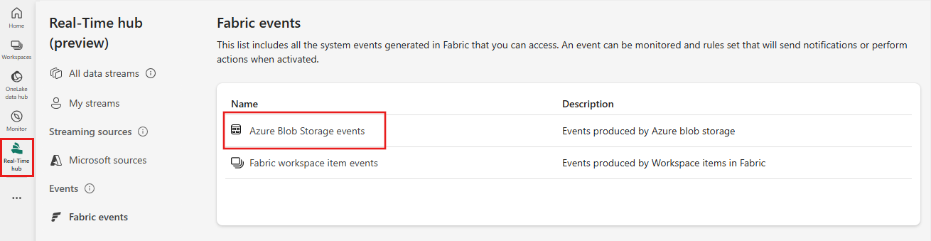 Uma captura de tela da seleção de Eventos de Armazenamento de Blob do Azure em Eventos de malha no hub em tempo real.