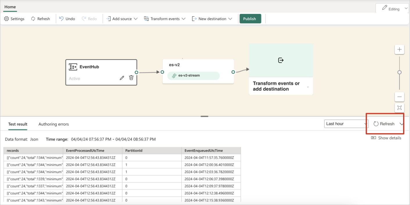 Uma captura de tela mostrando a seleção de Atualizar para visualizar os dados do Hub de Eventos.