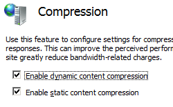 Captura de tela da página Compactação mostrando as duas caixas para Habilitar compactação de conteúdo dinâmico e Habilitar compactação de conteúdo estático selecionadas.