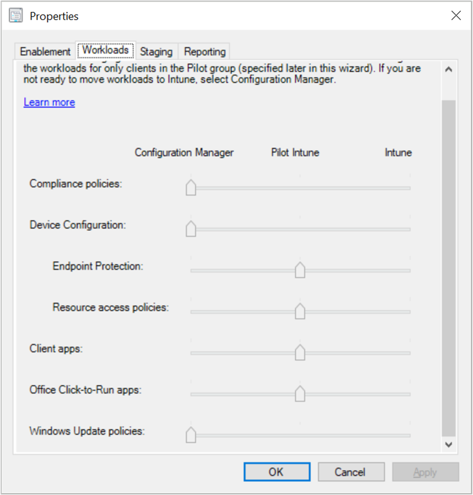 Screenshot do separador Workloads na página de propriedades de cogestão