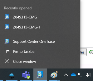 Support Center OneTrace jump list from Windows taskbar with recently open list.