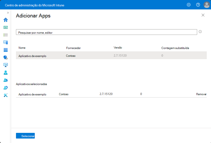 Captura de ecrã do painel Adicionar Aplicações ao substituir uma aplicação