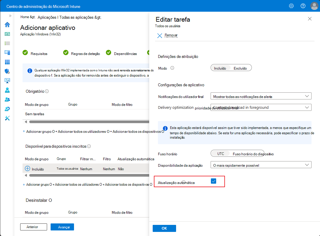 Captura de ecrã do painel Editar atribuição ao definir a atualização automática