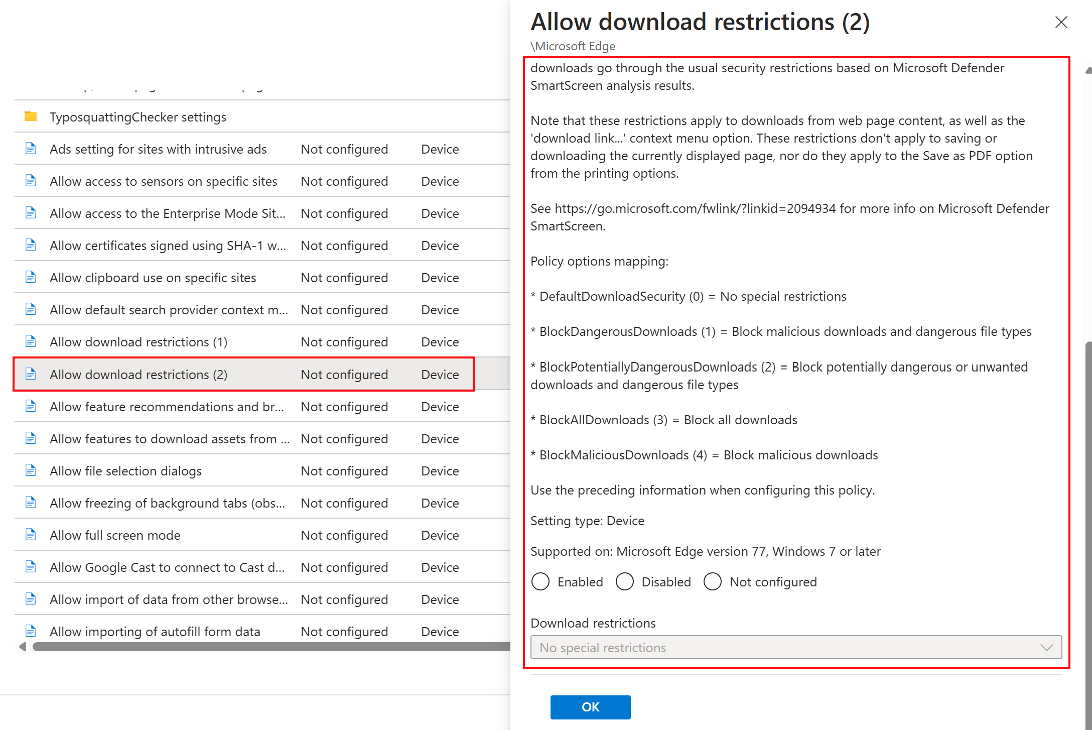 Captura de ecrã a mostrar a opção Selecionar modelo do Microsoft Edge ADMX e selecionar uma definição de exemplo no Microsoft Intune e no centro de administração do Intune.