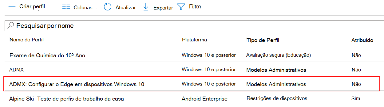 Captura de ecrã a mostrar a definição de política do ADMX na lista de perfis de configuração de dispositivos no Microsoft Intune e no centro de administração do Intune.