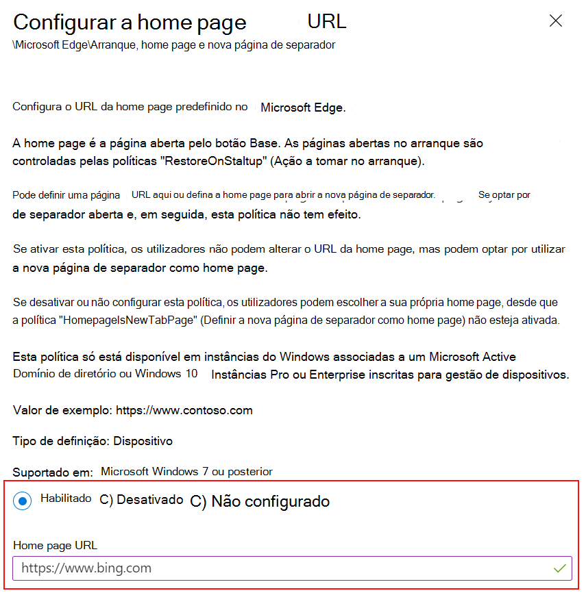 Captura de ecrã a mostrar a opção Definir o URL da home page do Microsoft Edge para um site com modelos ADMX no Microsoft Intune e no centro de administração do Intune.