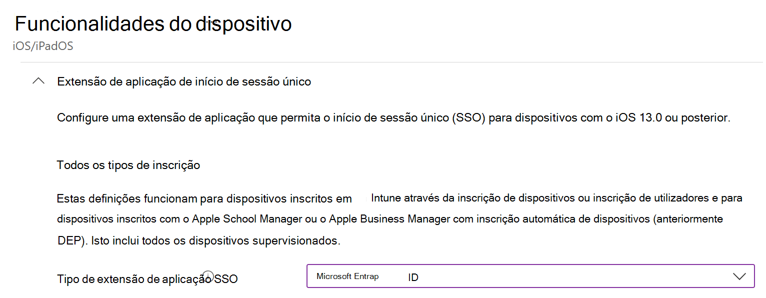 Captura de ecrã que mostra o tipo de extensão da aplicação SSO e o ID do Microsoft Entra para iOS/iPadOS no Intune.