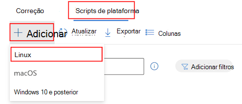 Captura de ecrã que mostra como selecionar dispositivos, scripts, adicionar e selecionar Linux na lista pendente para adicionar um script bash personalizado no Microsoft Intune.