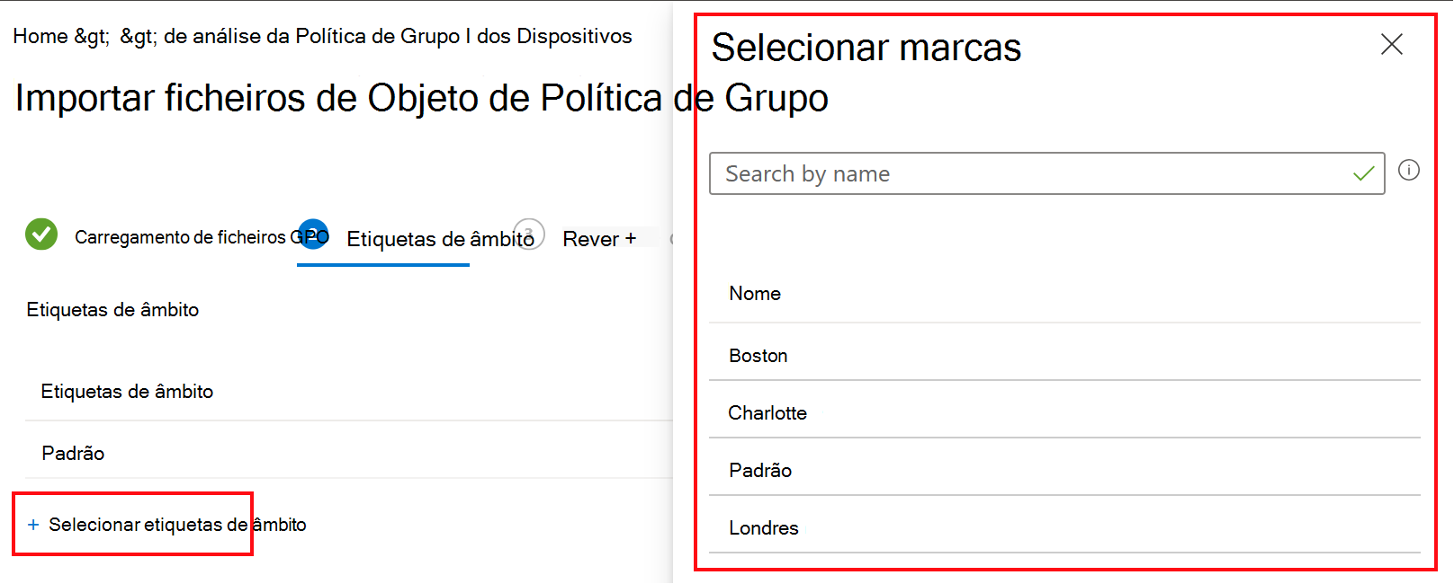 Captura de ecrã que mostra como importar um objeto de política de grupo (GPO) e selecionar uma etiqueta de âmbito no Microsoft Intune e no centro de administração do Intune.