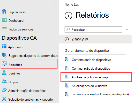 Captura de ecrã que mostra como rever o relatório e a saída dos GPOs importados através da análise da Política de Grupo no Microsoft Intune e no centro de administração do Intune.