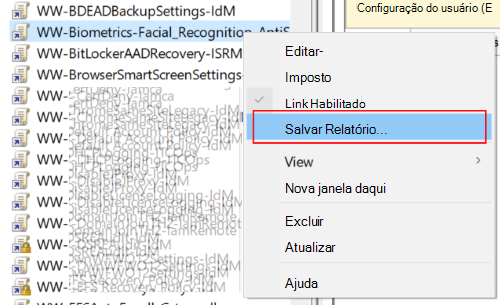 Captura de ecrã que mostra como abrir a gestão da Política de Grupo e guardar um GPO como um relatório de ficheiro XML.