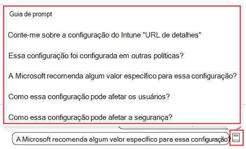 Captura de ecrã que mostra o guia de pedido de definições do Copilot e uma lista dos pedidos disponíveis no catálogo de definições no Microsoft Intune e no centro de administração do Intune.