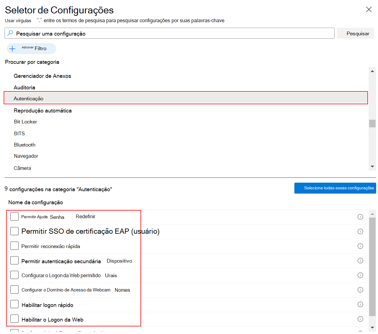 Captura de ecrã que mostra o Catálogo de Definições quando seleciona Windows e Autenticação no Microsoft Intune e no centro de administração do Intune.