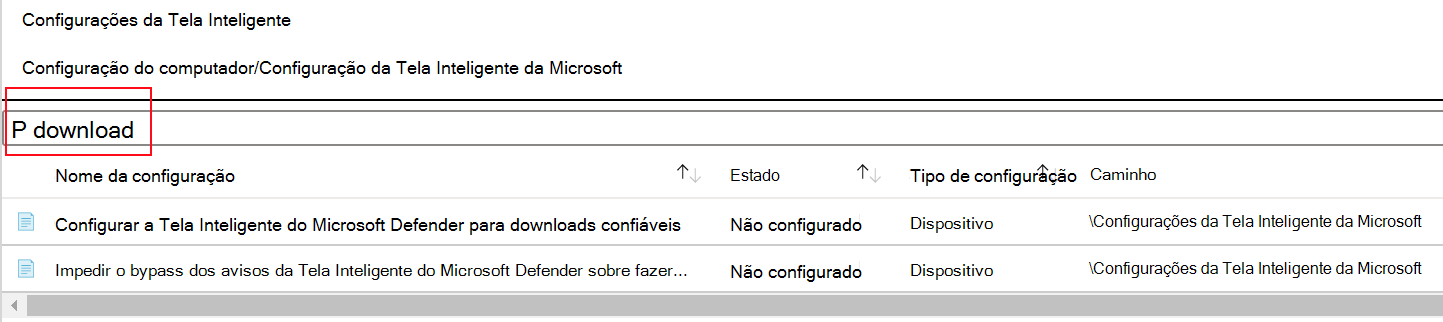 Screenshot that shows how to filter the Microsoft Edge SmartScreen policy settings in a Microsoft Intune ADMX template.