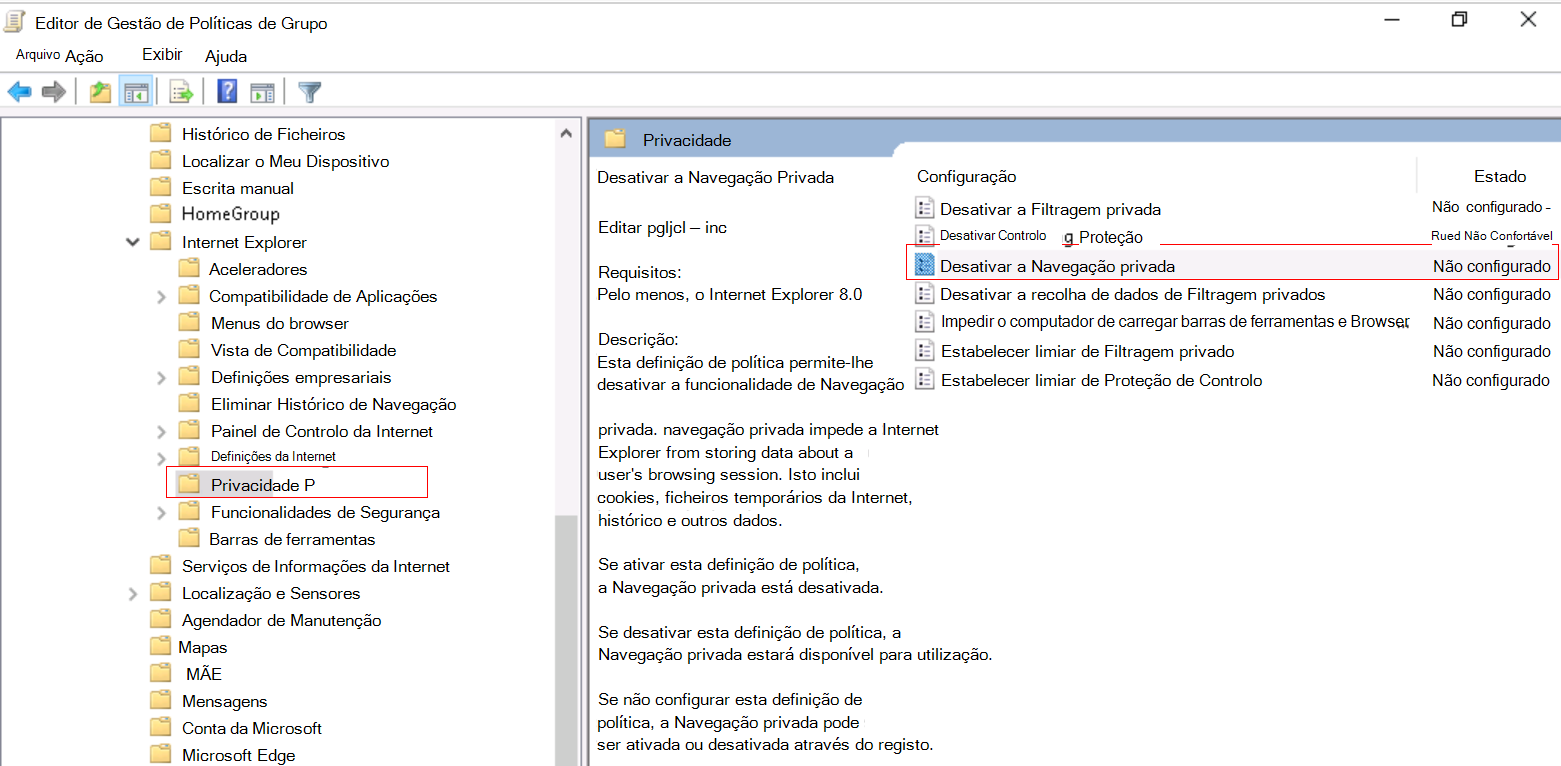 Screenshot that shows how to turn off InPrivate Browsing in Internet Explorer using ADMX template.