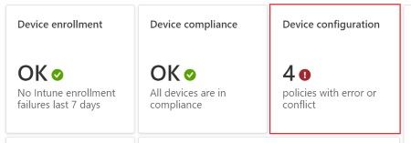 No Dashboard, selecione políticas com erros ou conflitos para ver quaisquer erros ou conflitos com perfis de configuração de dispositivos no Microsoft Intune e no centro de administração do Intune.