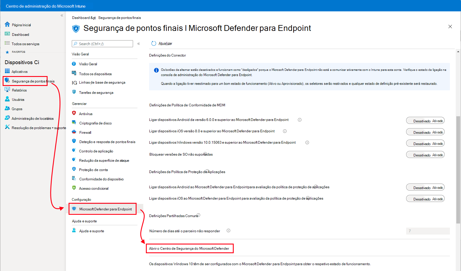 Captura de tela que mostra o patch para abrir a Central de Segurança do Microsoft Defender.