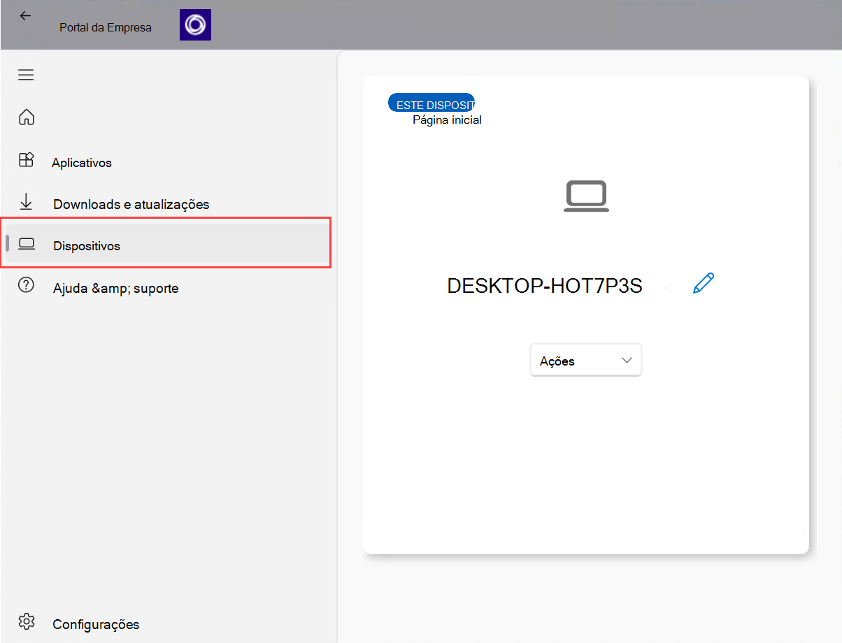 Captura de ecrã da aplicação Portal da Empresa para Windows a realçar a opção 