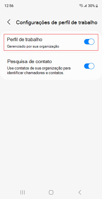 Captura de ecrã do botão de alternar Perfil de trabalho ativado nas definições do dispositivo Samsung Galaxy S20.