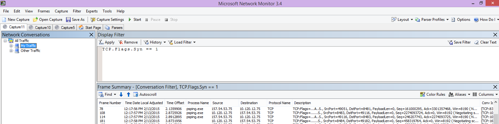 Rastreio netmon do cliente que mostra o mesmo comando PSPing através do TCP de filtro. Flags.Syn == 1.