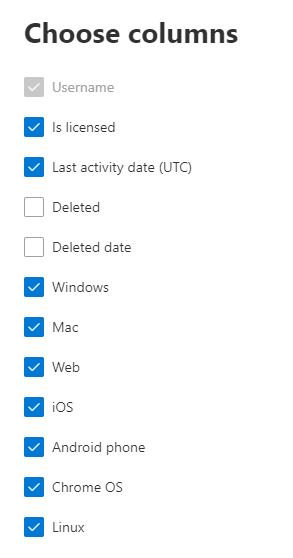 Relatório de dispositivo de utilizador do Teams - selecione colunas.