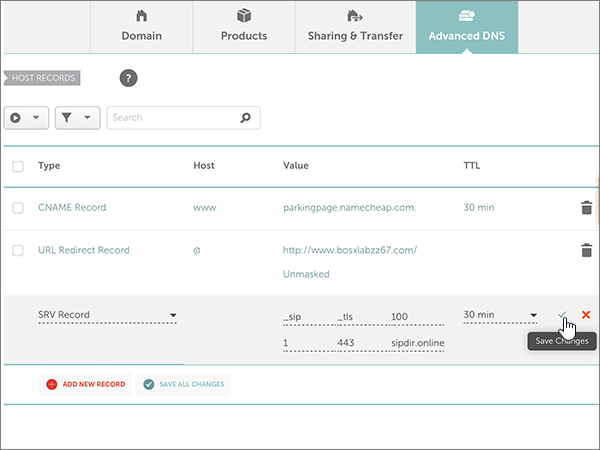 Captura de ecrã do controlo Guardar Alterações para os registos SRV do Microsoft Teams.