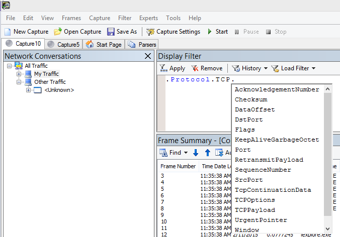 Captura de ecrã do Netmon a mostrar que o campo Filtro de Visualização utiliza o intellisense.