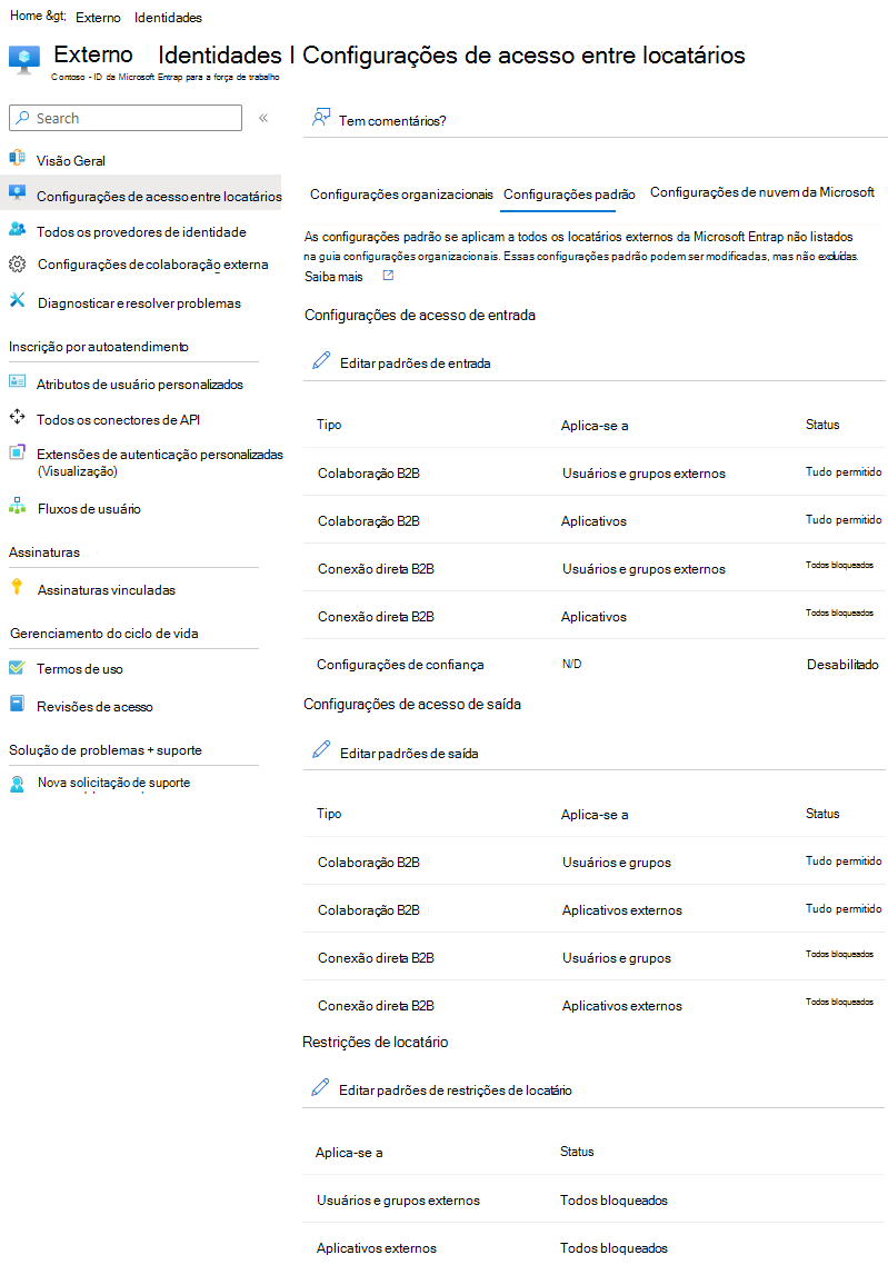 Captura de ecrã da página de definições de acesso entre inquilinos do Microsoft Entra.