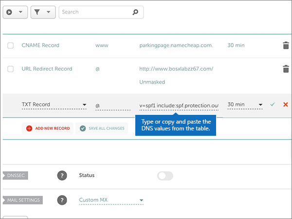 Copie e cole os valores da tabela para o registo TXT SPF.