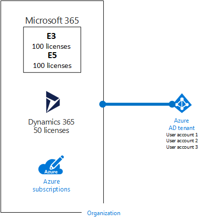 Uma organização de exemplo com várias subscrições que utilizam o mesmo inquilino do Microsoft Entra.