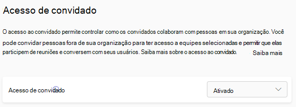 Captura de ecrã do botão de alternar acesso de convidado do Teams.