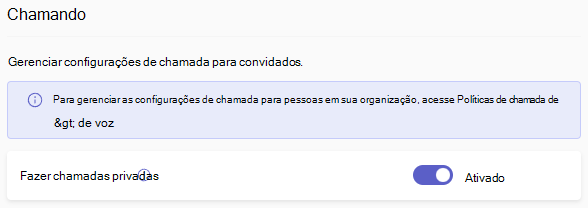 Captura de ecrã a mostrar as opções de chamadas de convidado do Teams.