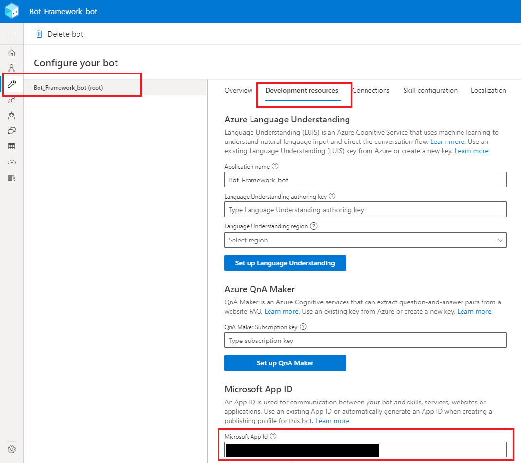 Captura de tela destacando onde encontrar uma ID do aplicativo do bot do Bot Framework.