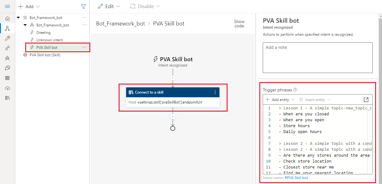 Captura de tela do Composer após a habilidade do Microsoft Copilot Studio ter sido adicionada.