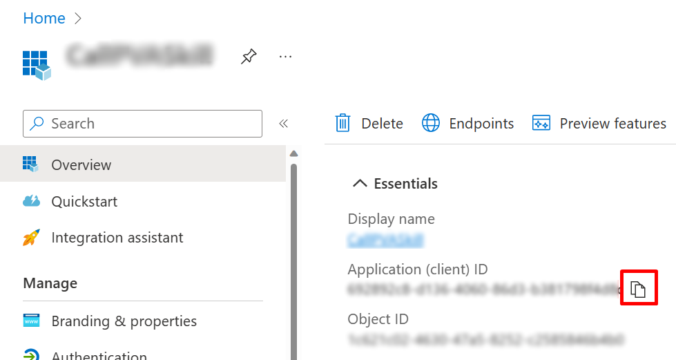 Captura de tela de onde encontrar a ID do aplicativo (cliente) no portal do Azure.