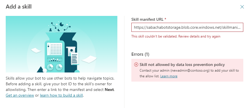 Captura de tela do painel Adicionar uma habilidade no Microsoft Copilot Studio mostrando os erros que ocorrem se as habilidades forem proibidas pela política de DLP.