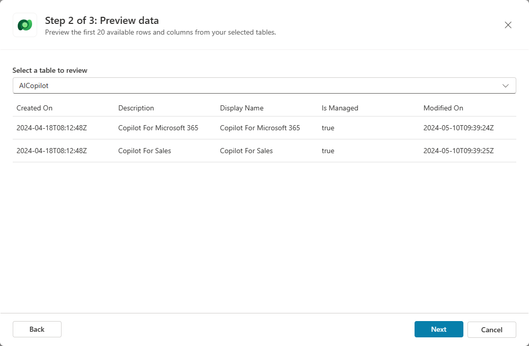 Captura de tela da caixa de diálogo Adicionar Dataverse, exibindo a janela da Etapa 2 de 3: Visualizar dados.