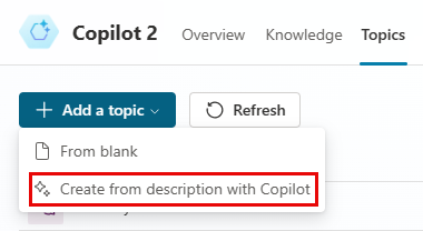 Captura de tela do painel de navegação do Copilot Studio com Tópicos e o botão Novos tópicos realçados.