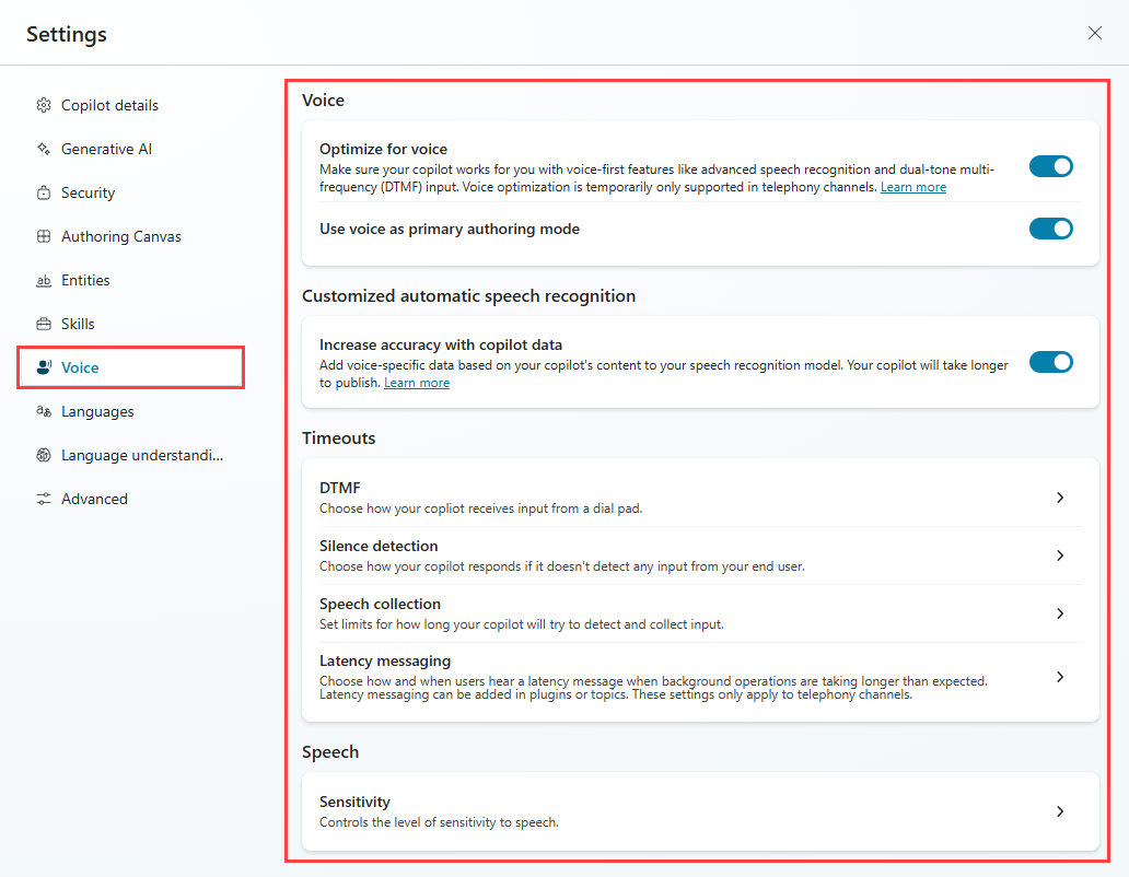 Captura de tela das Configurações de voz para um copiloto habilitado para voz.