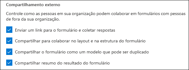 Configuração de administrador do Microsoft Forms para compartilhamento externo