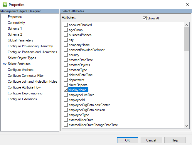 Imagem da página definições do conector com um atributo displayName selecionado